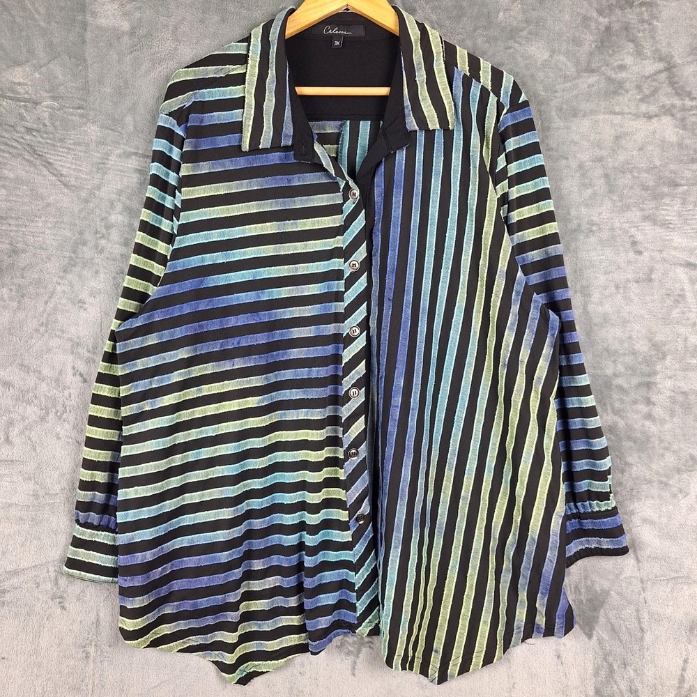 Womens Top 3X Artsy Striped Asymmetric Textured Button Down Art To Wear Tunic